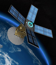 A satellite with four large cross-shaped solar arrays and a dish antenna orbits above Earth, which is partially illuminated below.