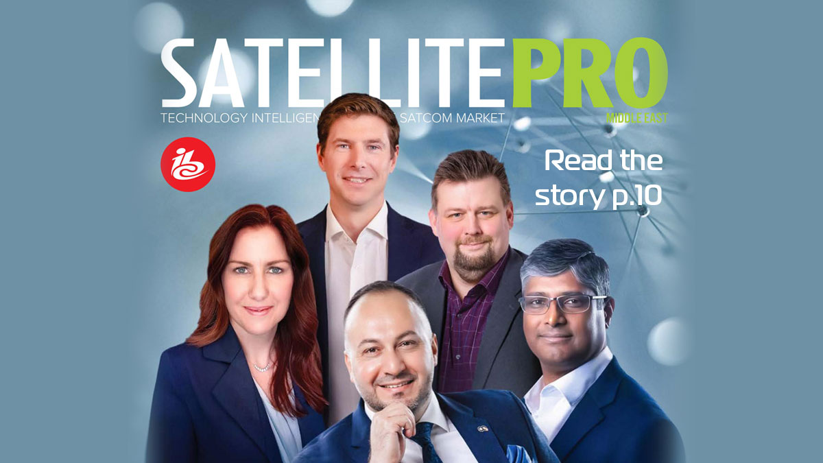 Cover of SATELLITE PRO Middle East showing five industry professionals against a stylized satellite background with the tagline 'Technology intelligence for the SATCOM market' and an ibc logo.