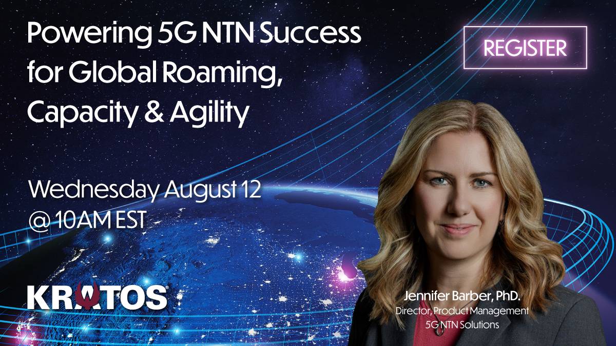 An event promotional banner featuring a portrait of Dr. Jennifer Barber alongside text announcing a presentation titled 'Powering 5G NTN Success for Global Roaming, Capacity & Agility' scheduled for Wednesday, August 12 at 10 AM EST.