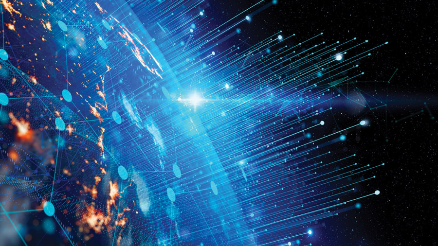 Digital Earth with glowing blue data lines and nodes, major city lights, and a radiant sunrise over the horizon.