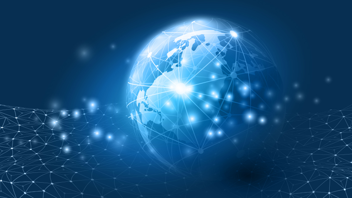 A digital illustration of the Earth with glowing network nodes and lines, representing global connectivity against a dark blue background.