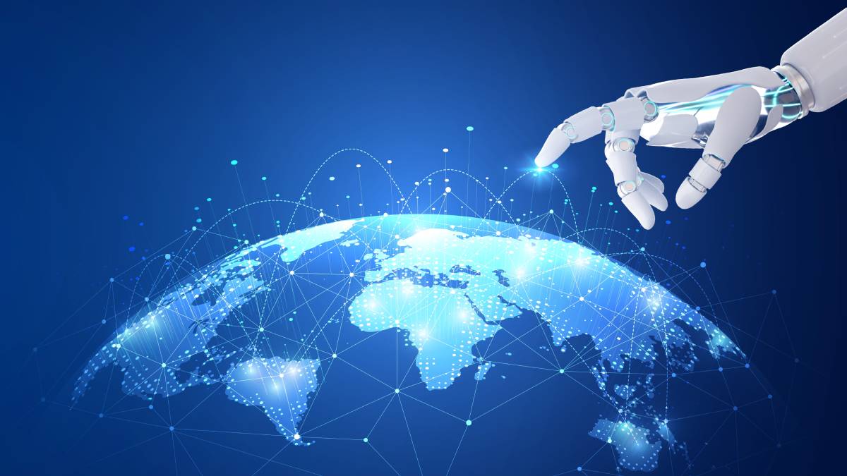 A 3D rendering of a robot hand holding a holographic Earth globe against a blue background, symbolizing AI control and global influence.