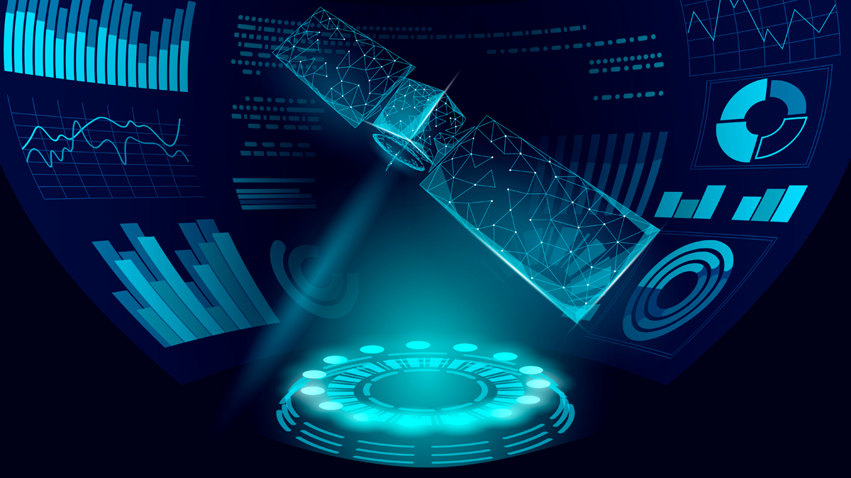 An illustration of a futuristic satellite surrounded by various digital data visualizations, including graphs and charts, on a dark background.