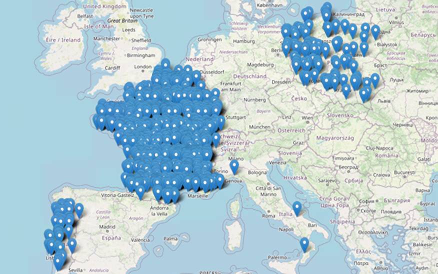 A map of Europe showing the locations of numerous terminals in France, Italy, the UK, and Eastern Europe that were using bandwidth on Express AM8.