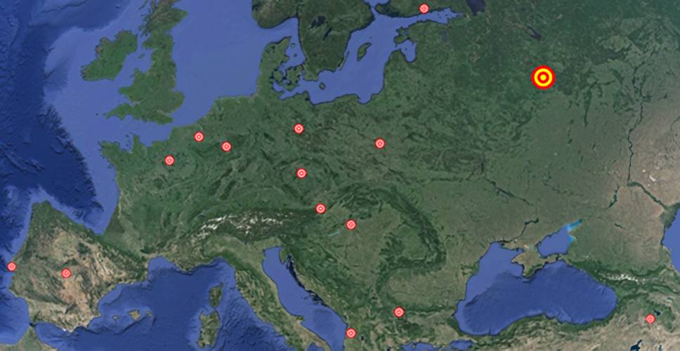 A map of Europe showing a communications complex in Russia connected as a hub for remote terminals in various European cities, including Brussels, Berlin, and Paris.