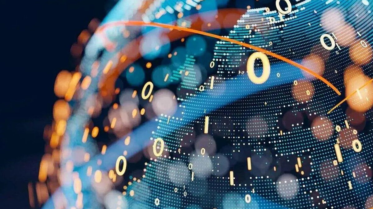 The image shows a stylized digital globe, composed of glowing lines and binary code, symbolizing global data exchange and connectivity in a futuristic or technological context.