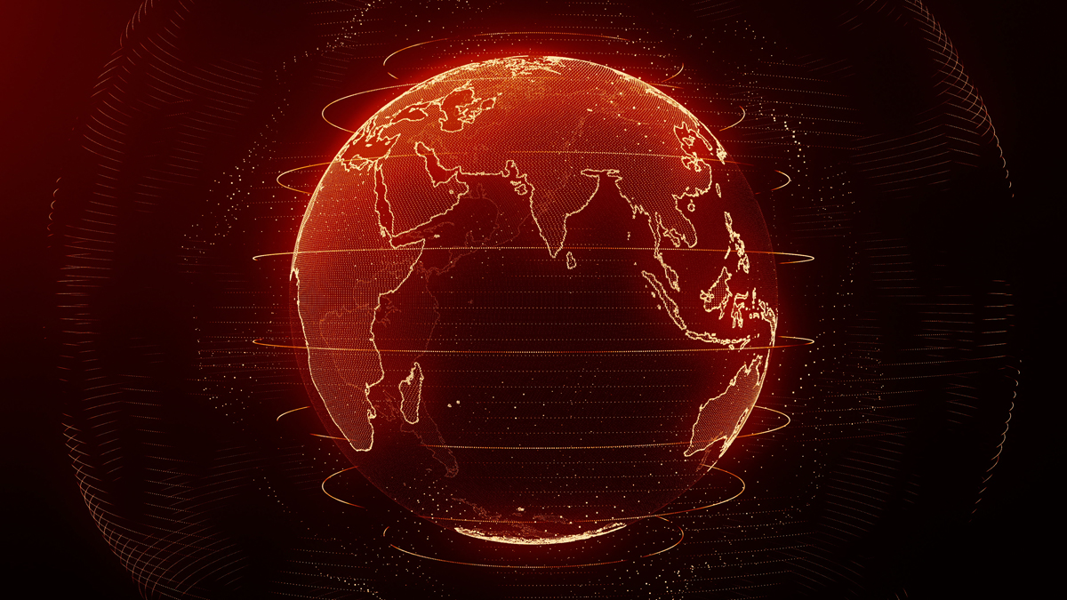 Digital red globe with glowing, dotted lines outlining continents and orbital rings, illustrating global connectivity and technology.