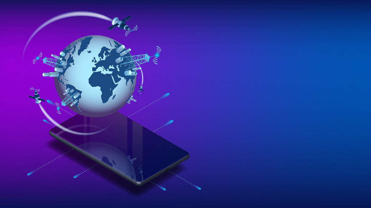 Illustration of satellite communication with a smartphone and a 3D globe surrounded by satellites and cell towers, symbolizing global connectivity.