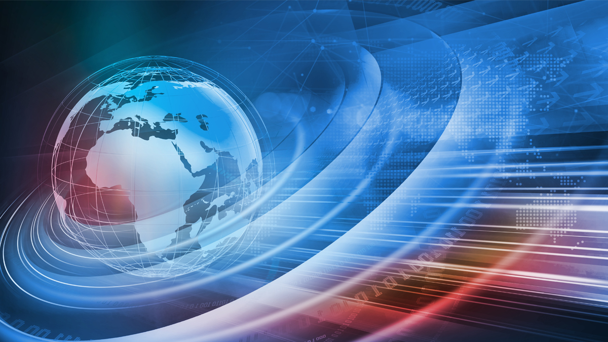 A digital illustration of Earth with surrounding data streams and abstract technology-themed graphics in blue and red tones.