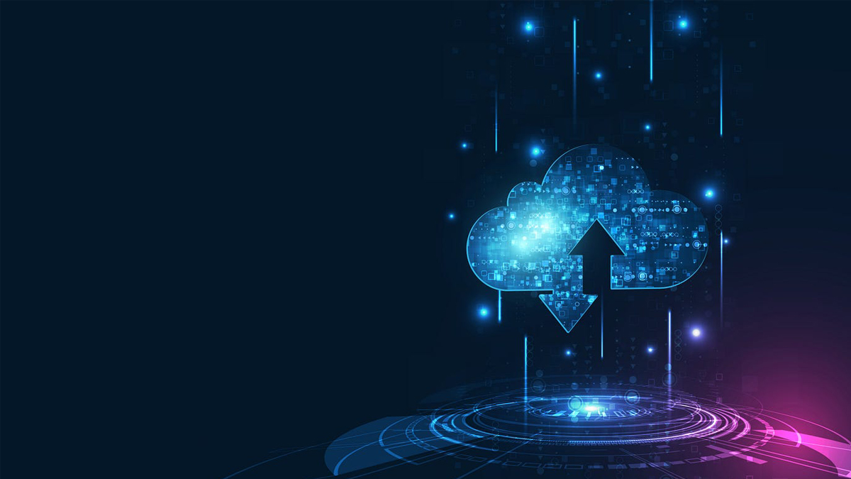 A digital illustration of a glowing cloud icon with upward and downward arrows, symbolizing data transfer, against a dark background with a futuristic design.