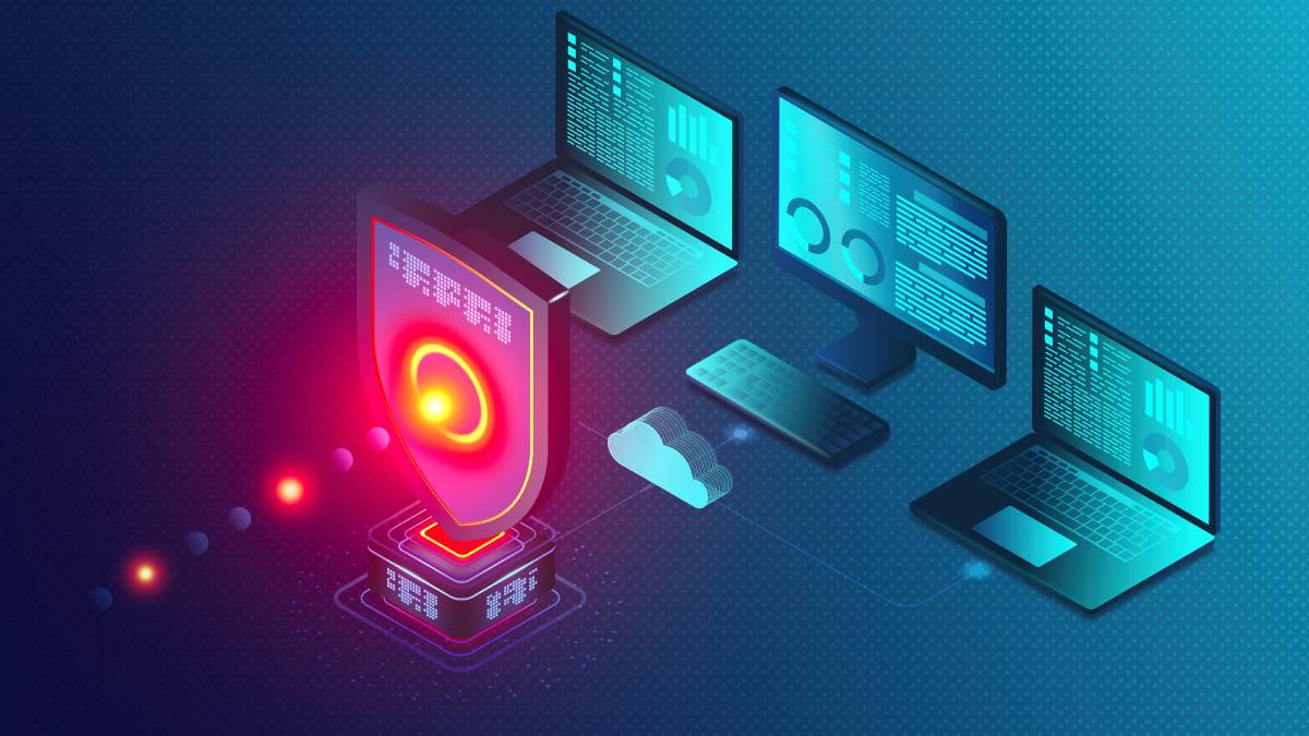 An illustration depicting a cloud-based endpoint security platform, showcasing innovative cybersecurity solutions with laptops and a shield protecting data.