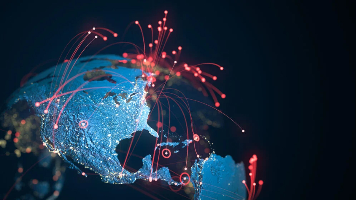  A digital representation of Earth with red lines and dots illustrating global data connectivity and network activity.