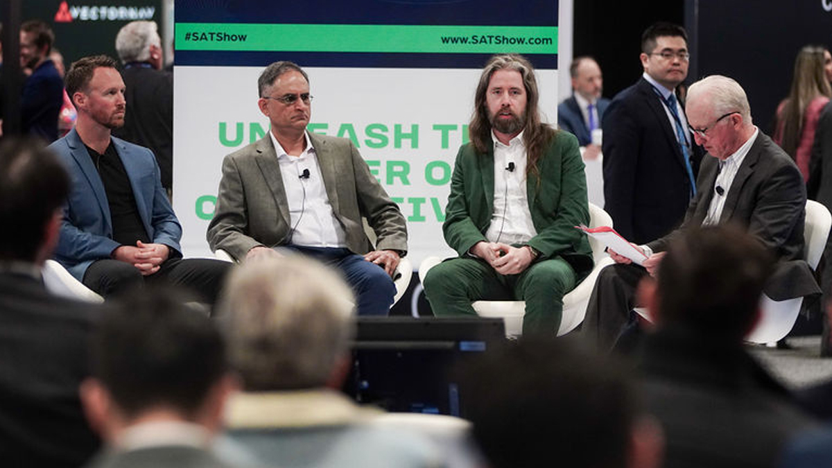Panelists (from left to right) Kevin Tobias of Kratos, Vinay Purohit of CloudJuncxion, Dallas Kasaboski of Analysys Mason Space and Constellations moderator John Gilroy at Satellite 2024 in Washington, D.C.