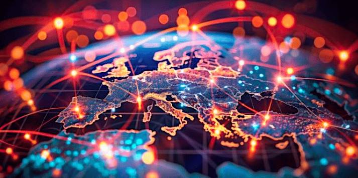 A vibrant digital rendering of Europe at night, illuminated by interconnected points of light symbolizing a network or communication infrastructure.