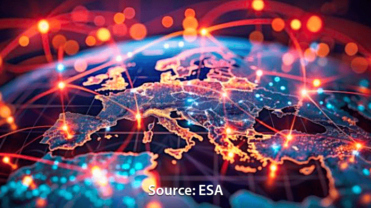 A vibrant digital rendering of Europe at night, illuminated by interconnected points of light symbolizing a network or communication infrastructure.