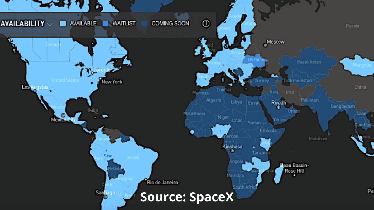 Starlink coverage map as of July 1, 2024.