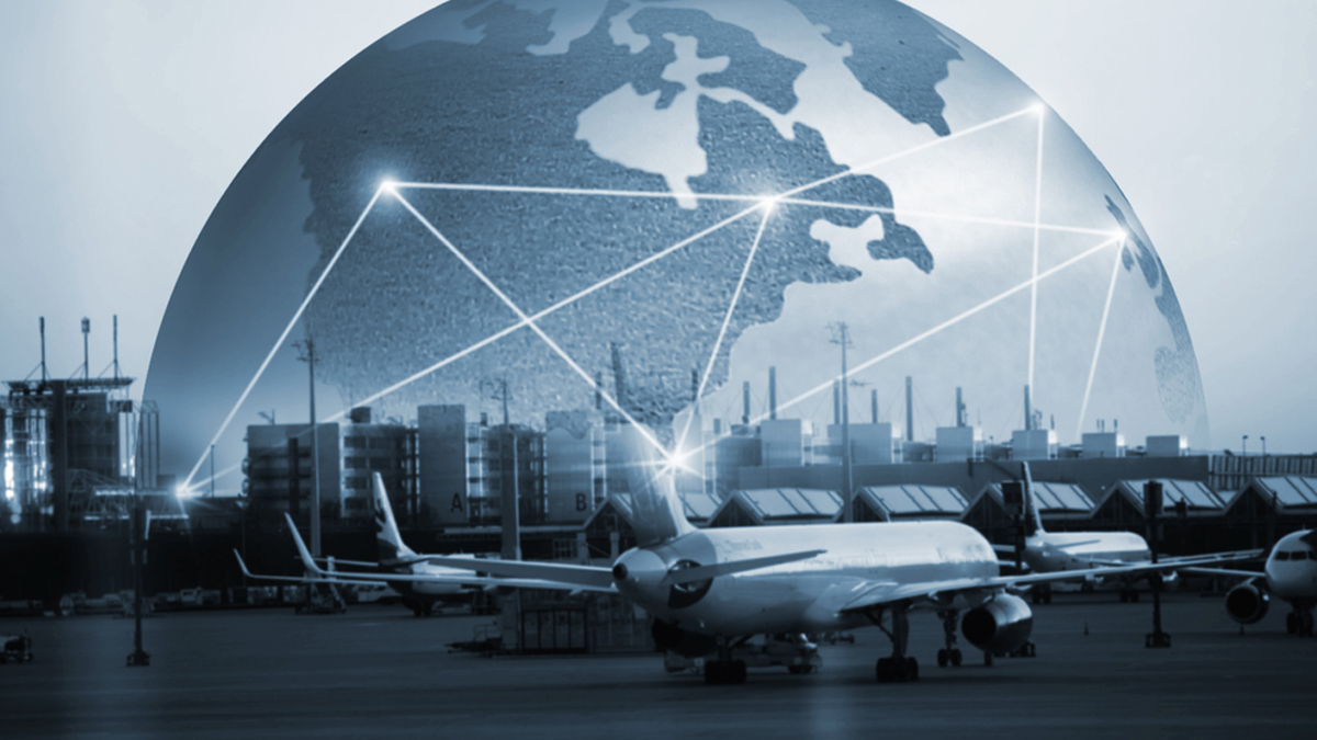 An image showing an airport with planes in the foreground, overlaid with a globe and network lines representing global connectivity and communication.