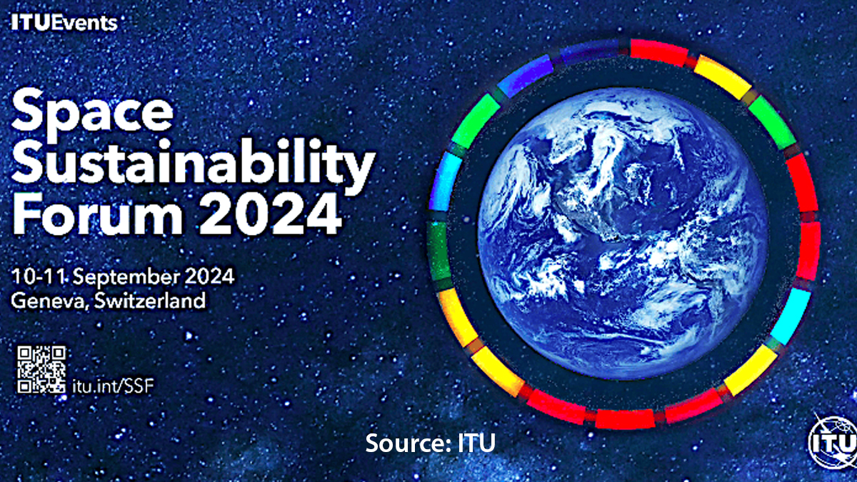 This image shows the official logo for the Space Sustainability Forum 2024, scheduled for 10-11 September 2024 in Geneva, Switzerland, featuring a view of Earth surrounded by a multicolored circular design on a starry space background.