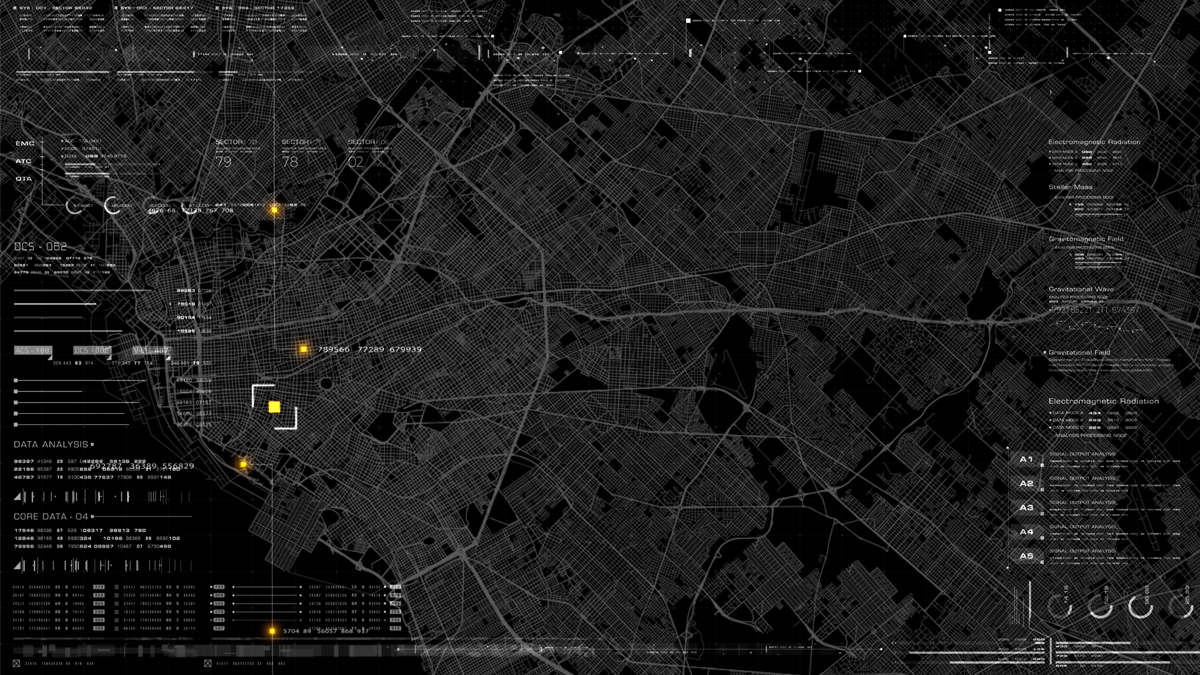 A complex data visualization map in black and white, featuring a grid layout with various scientific and analytical elements, such as charts, graphs, and numeric data.