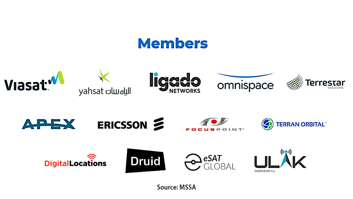 Logos of companies listed as members of the Mobile Satellite Services Association (MSSA), including Viasat, Yahsat, Ligado Networks, Omnispace, Terrestar Solutions, APEX, Ericsson, FocusPoint, Terran Orbital, Digital Locations, Druid, eSAT Global, and ULAK.