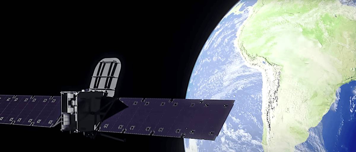 A satellite in orbit with Earth in the background, focusing on the South American continent.