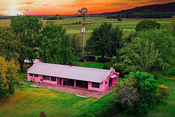 A pink rural house with a windmill in a green field at sunset.