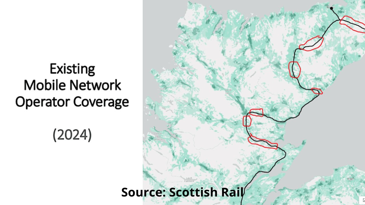 A map of northern Scotland showing existing mobile network operator coverage for 2024, with red circles highlighting gaps in terrestrial connectivity where LEO broadband is being tested.