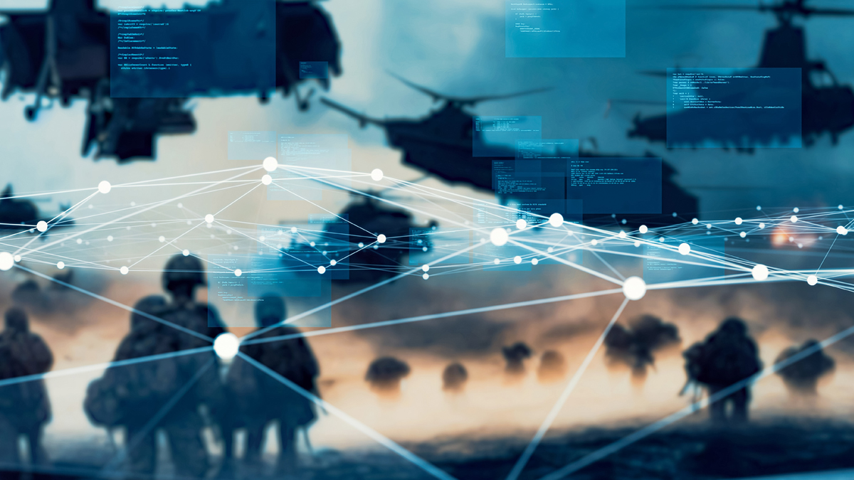 A digital network overlaying a military scene with soldiers, helicopters, and connected nodes, symbolizing technology integration in modern warfare.