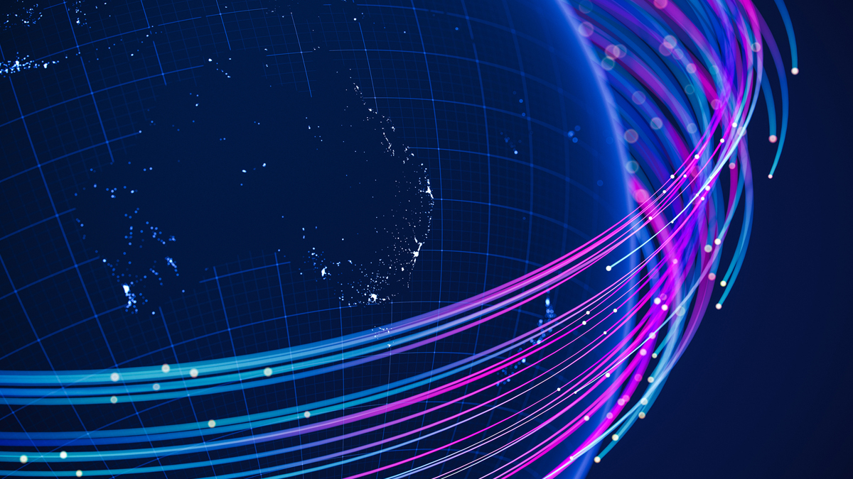 Digital globe centered on Australia with a grid overlay and colorful flowing data lines dotted with glowing nodes, illustrating global satellite and communications network connectivity.