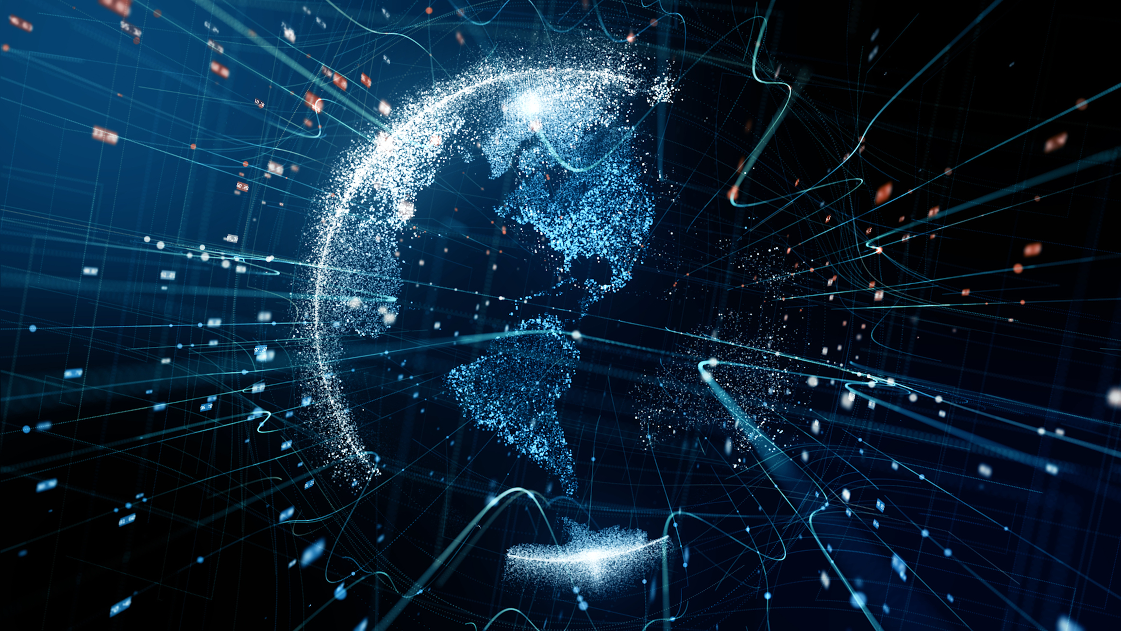 A futuristic digital representation of Earth with glowing data points and network connections, symbolizing global communication and cybersecurity.