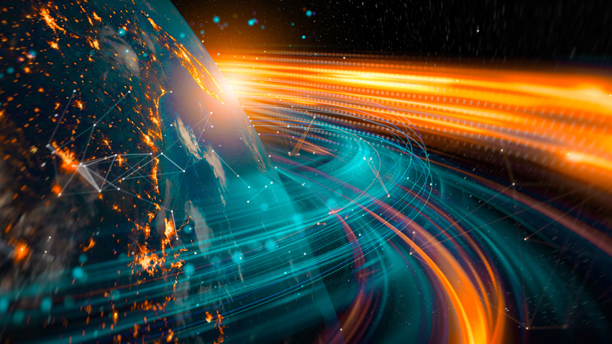 A futuristic digital depiction of Earth with glowing network connections and high-speed data streams representing global communication and technology.