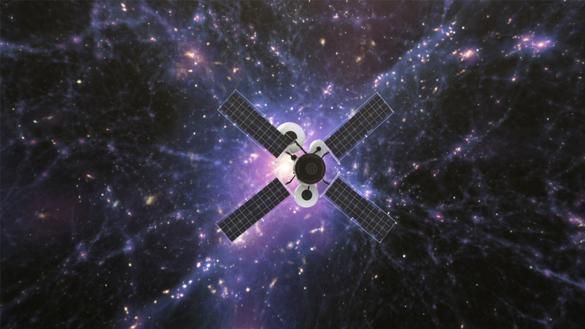 A satellite with extended solar panels floats against a vibrant cosmic backdrop.