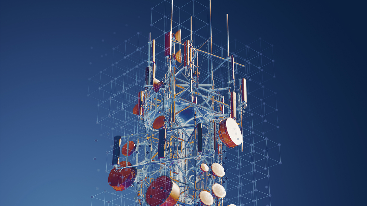 Telecommunications tower with multiple panel antennas and parabolic satellite dishes overlaid by a semi-transparent digital grid and nodes, evoking 5G and satellite network connectivity.