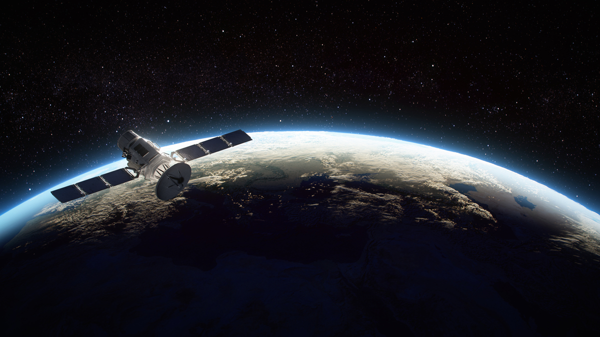 Satellite orbiting Earth over polar regions, symbolizing strategic space assets in the emerging Arctic geopolitical race.