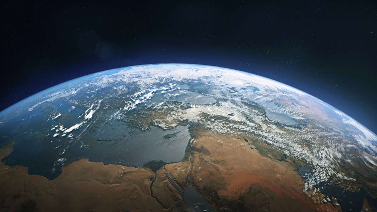 Satellite view of Earth showing Europe, Middle East, and North Africa, demonstrating the civilian applications of Earth observation technology.