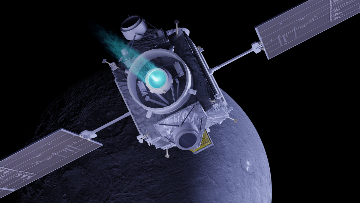 A solar-panelled spacecraft using a blue-glowing ion thruster maneuvers above a cratered lunar-scale surface for scientific exploration.