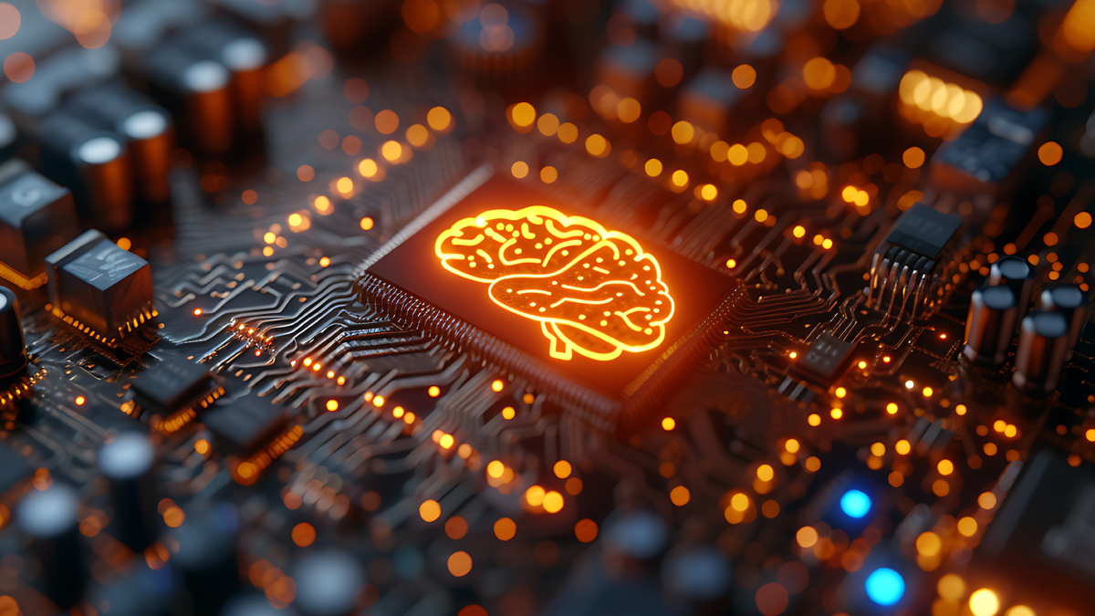 Close-up of a glowing microchip with an illuminated brain icon, symbolizing artificial intelligence, embedded on a circuit board with orange and blue lights.