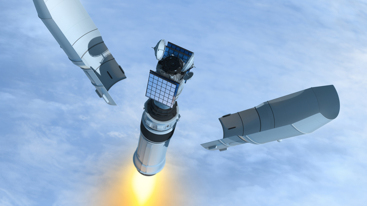 Rocket deploying satellite into orbit with payload fairing separation, showcasing advanced space technology and orbital access methods.
