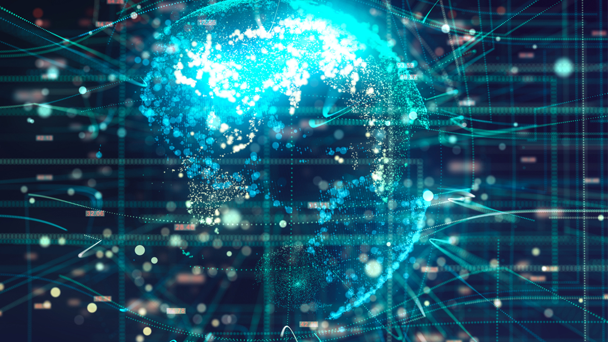Glowing blue particle globe with radiating light trails and connected nodes over a dark grid, suggesting global data networks and quantum-enabled space communications.
