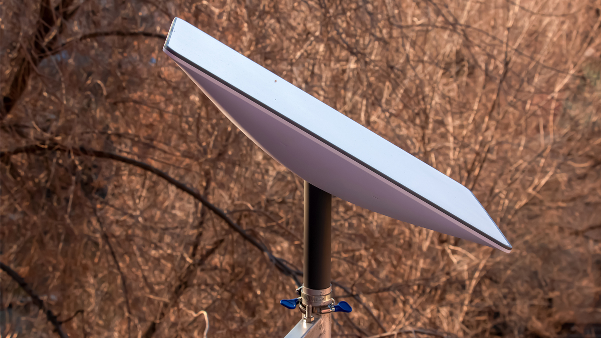 Modern satellite dish with sleek design surrounded by dry branches, symbolizing next-gen satellite technology and rural broadband expansion.