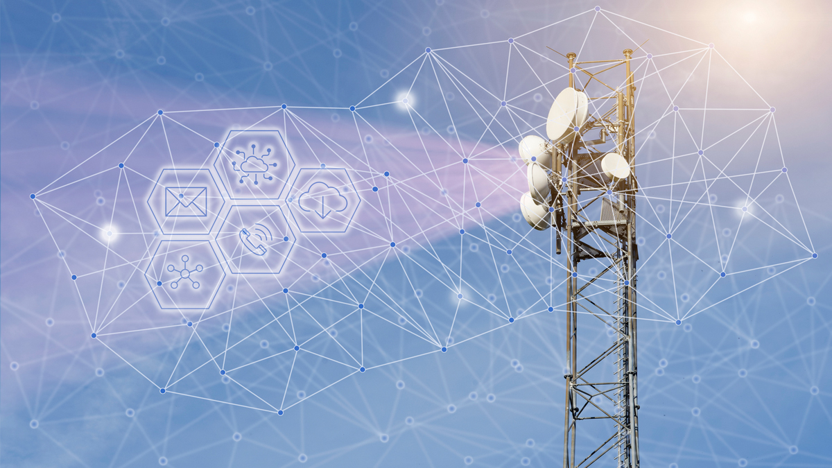 Telecom tower with satellite dishes and digital network overlay, illustrating NTN and IoT innovations driving telco roadmap transformation.