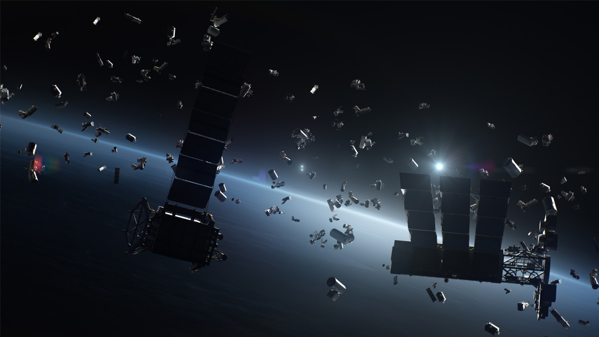 Space debris and damaged satellites orbiting Earth, illustrating challenges in space situational awareness and the strategic evolution of SSDA systems.