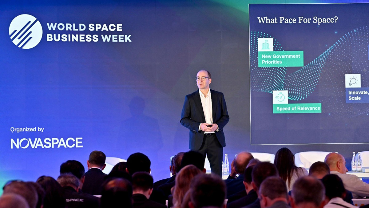 Pacôme Révillon, CEO of Novaspace, delivers his market outlook keynote on stage at World Space Business Week 2025.