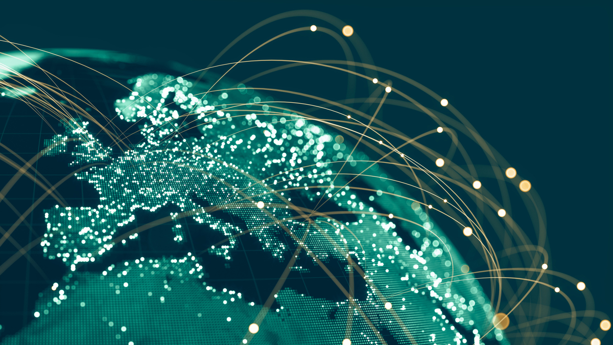 Digital Earth with glowing data nodes and global network arcs, illustrating commercial space infrastructure and international connectivity in the Space-as-a-Service ecosystem.