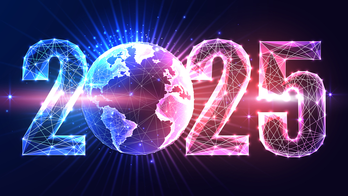  '2025' in glowing blue and pink digital wireframe style, with a globe as the zero, radiating futuristic energy.
