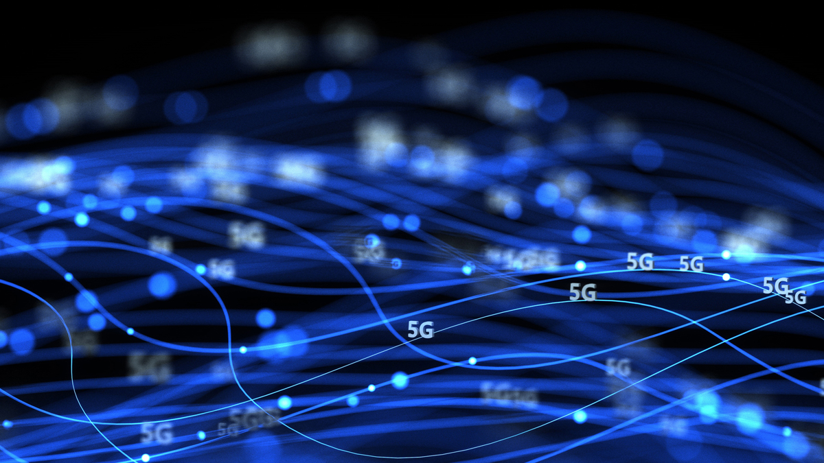 Abstract digital representation of a 5G network with glowing blue lines, nodes, and the text '5G' scattered throughout.