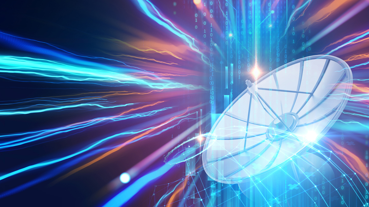 A satellite dish receives and transmits data, depicted by stylized beams of light, with a globe and binary code in the background, symbolizing global communication and data transfer.