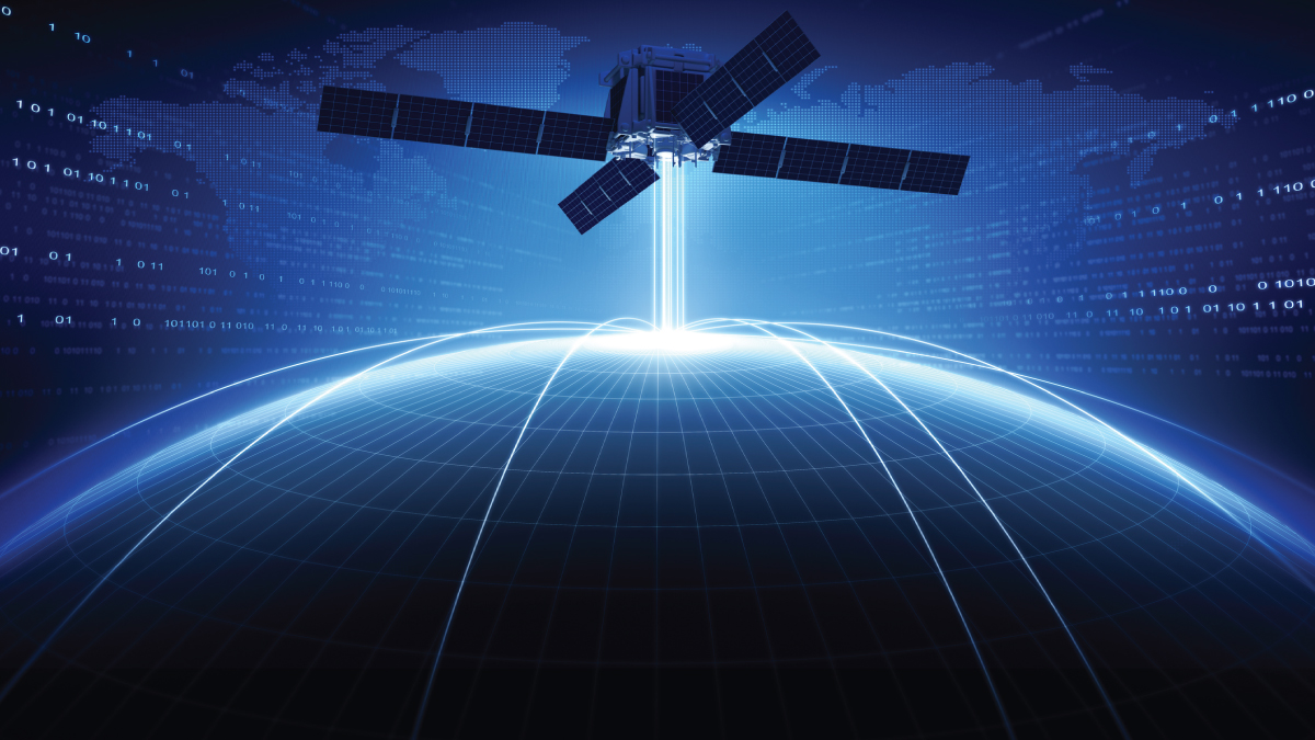 Communications satellite transmitting data to a digitally networked Earth with a glowing blue grid and binary code.
