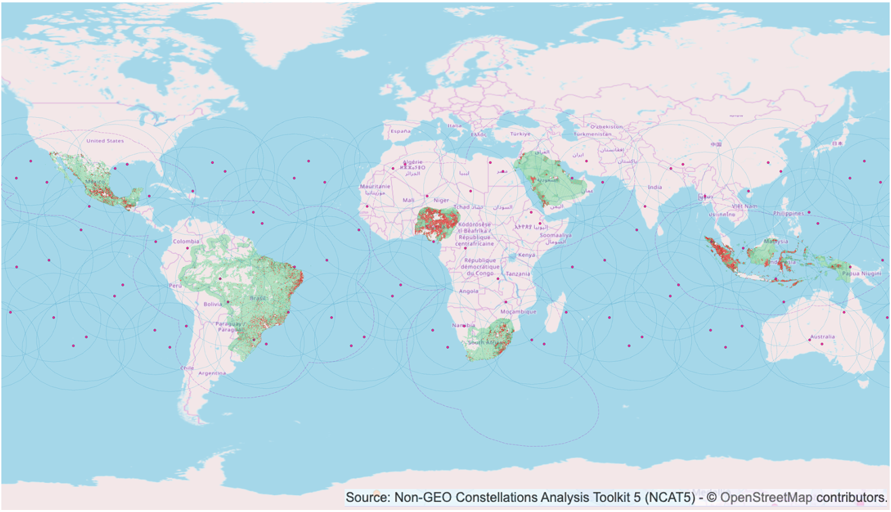 World map with overlapping faint blue circular satellite coverage patterns and magenta dots showing satellite positions or ground nodes, highlighting dense coverage across parts of Africa, Southeast Asia, and Central America.