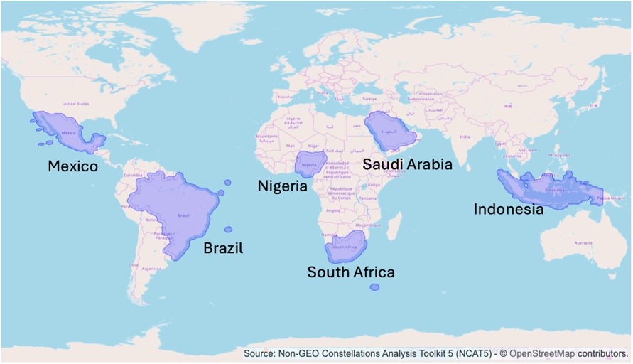 World map highlighting Brazil, Mexico, Nigeria, South Africa, Saudi Arabia, and Indonesia in blue with labels and national boundaries (plus a 150 km adjoining belt) for the NCAT5 simulation.